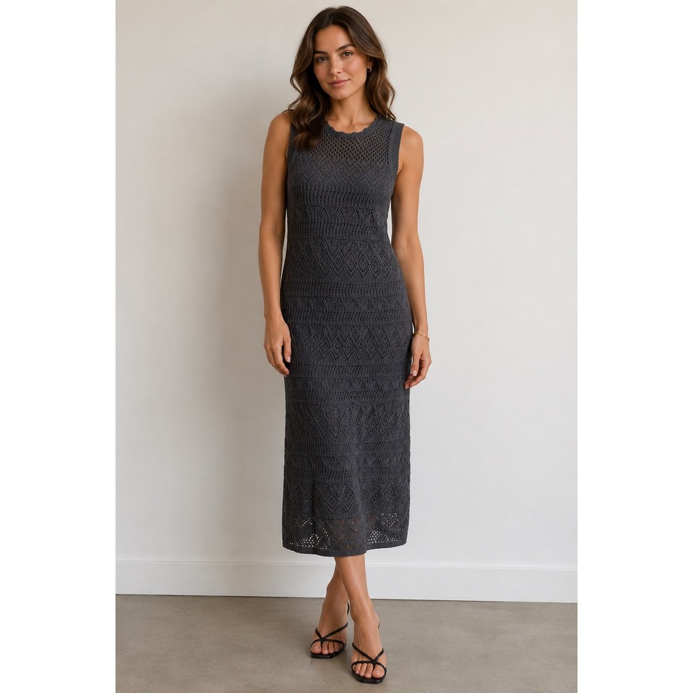 GAP Crochet Midi Dress Charcoal Grey Pointelle Sleeveless Scallop Neck Large NEW